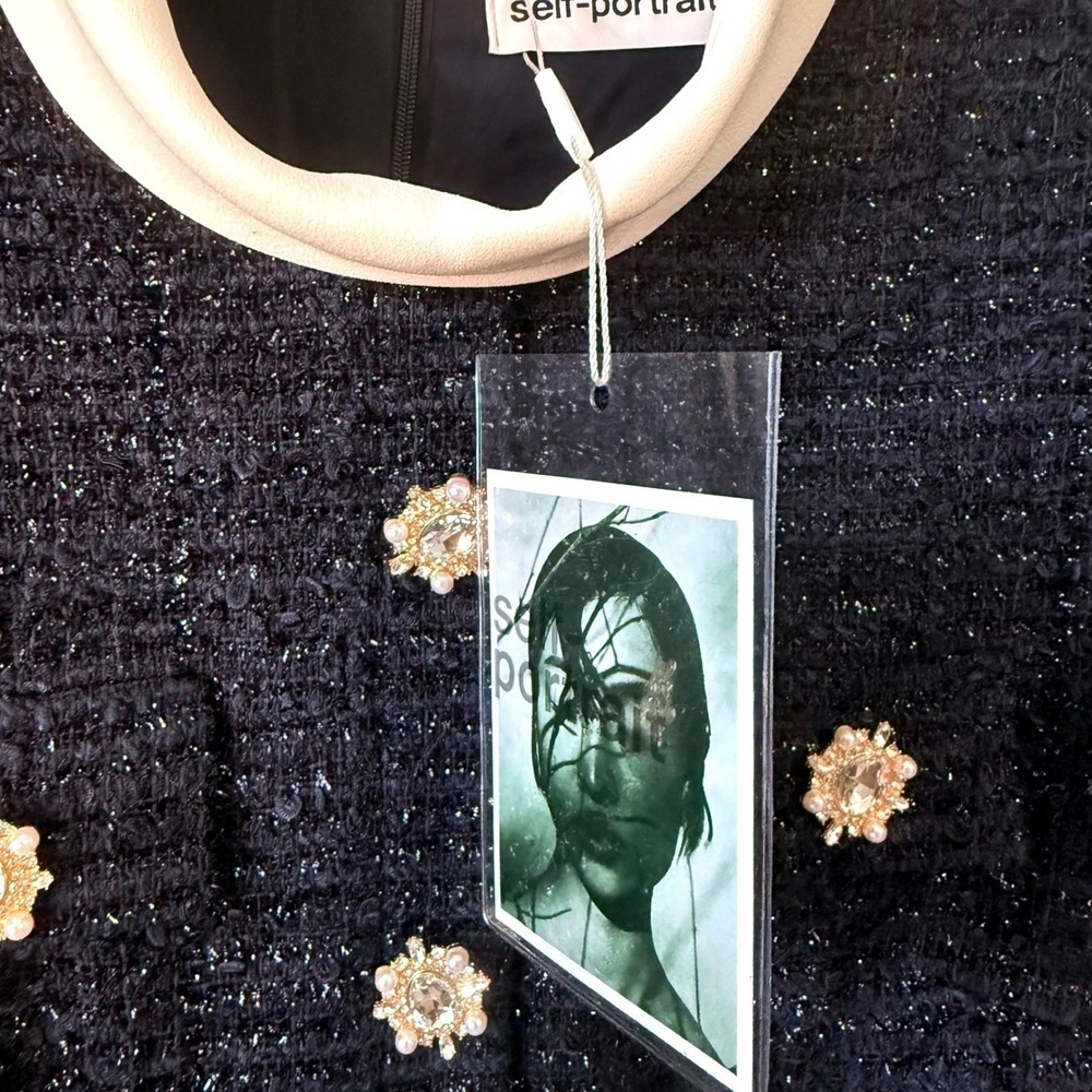 Self Portrait Navy Boucle Long Sleeve Mini Dress Pearl Buttons Size‎ US 6 NWT - Picture 8 of 10